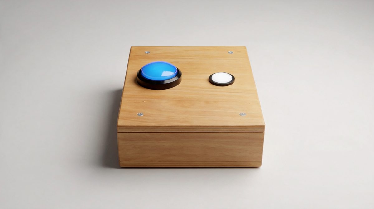 Allehop one-button box with a large blue button