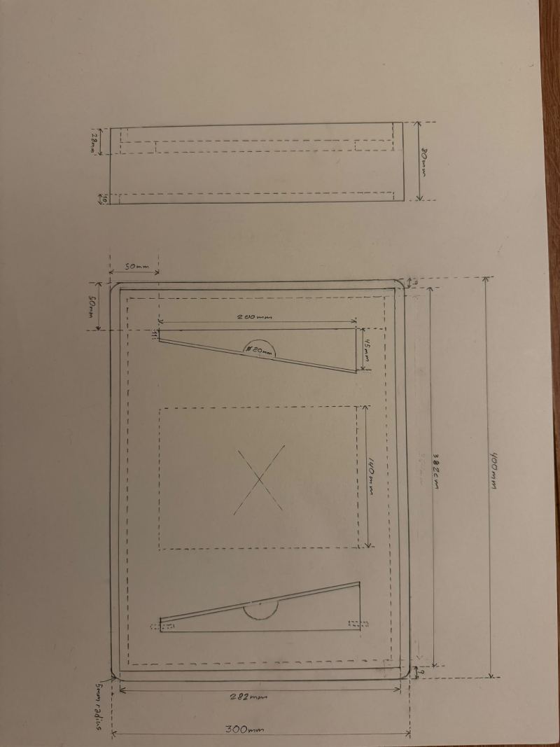 Hand-drawn technical drawing of a box with millimetre dimensions